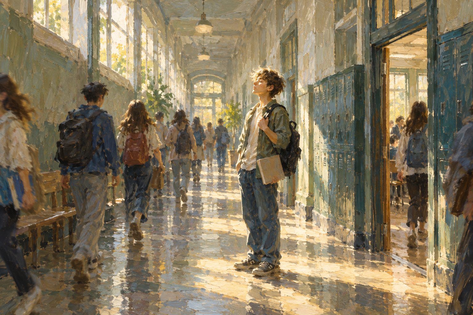 Pintura impresionista de un adolescente respirando con calma en el pasillo del colegio antes de un examen, sobre la ansiedad ante los examenes