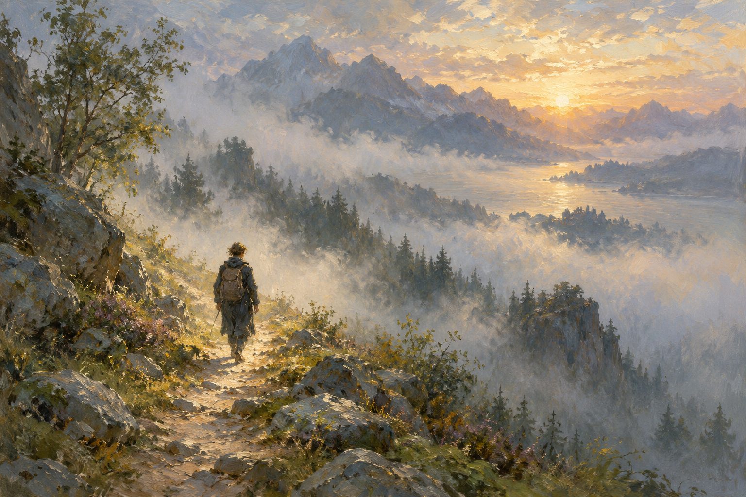 Pintura impresionista de un sendero entre niebla al amanecer, sobre la ansiedad anticipatoria