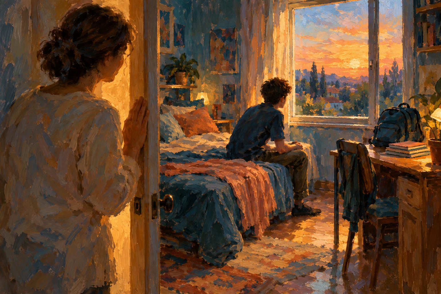 Pintura impresionista de un adulto en el umbral acompanando a un adolescente en su cuarto, sobre la ansiedad en adolescentes