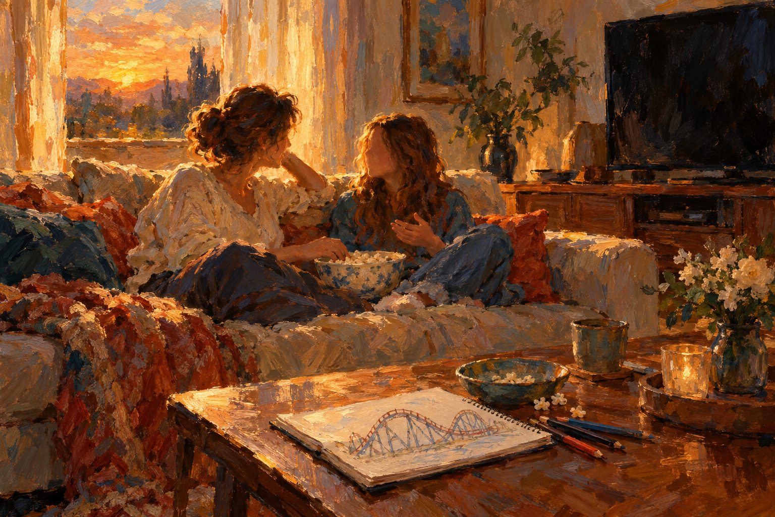 Pintura impresionista de un adulto y una adolescente conversando en el sofa despues de ver una pelicula, sobre la ansiedad en Intensamente 2