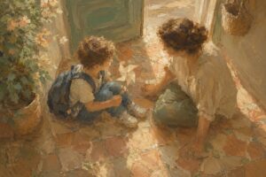 Pintura impresionista de un adulto sentado en el suelo a la altura de un nino con mochila, sobre la ansiedad en ninos