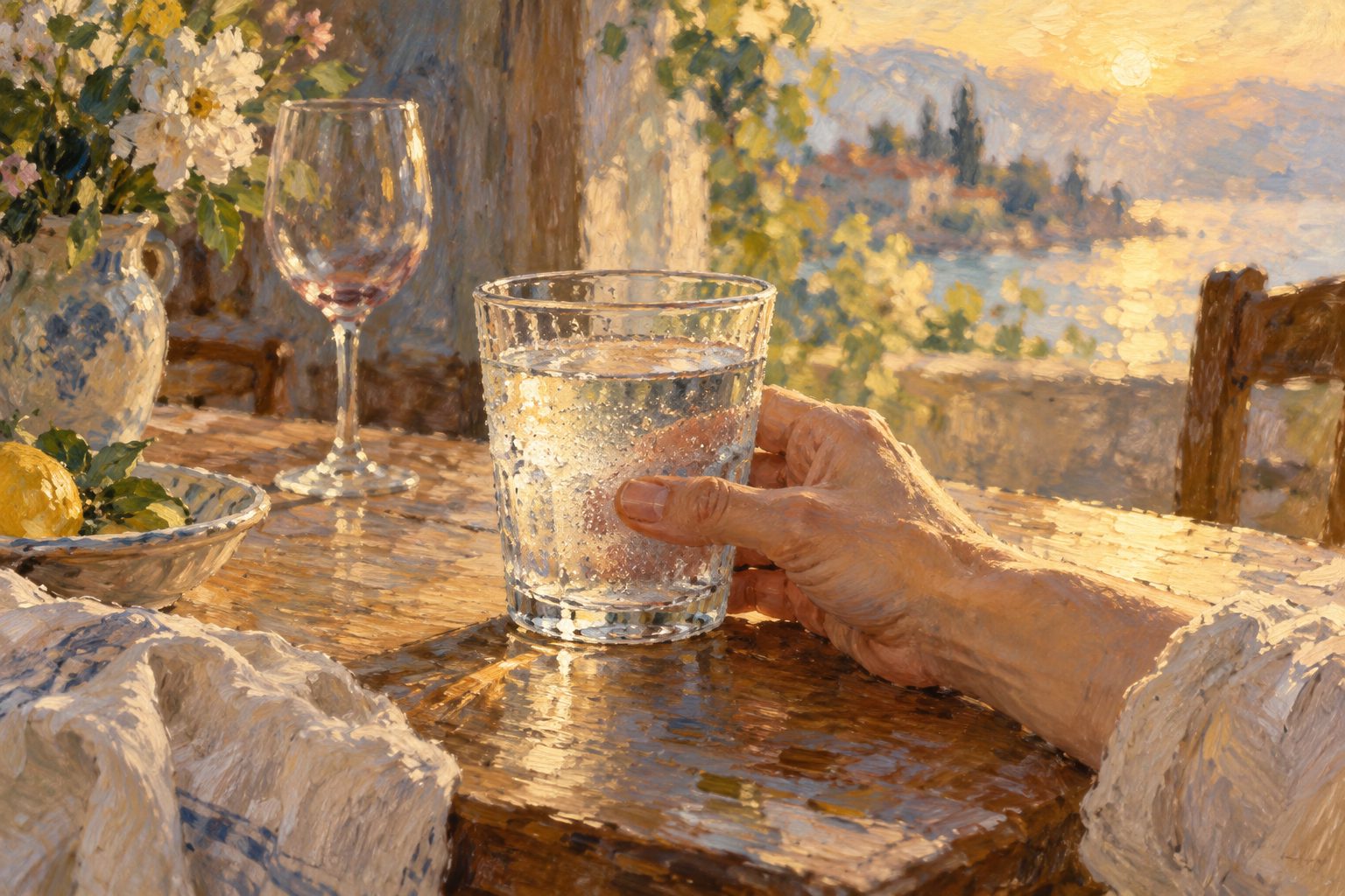 Pintura impresionista de una mano con un vaso de agua y una copa vacía al fondo, sobre ansiedad y alcohol