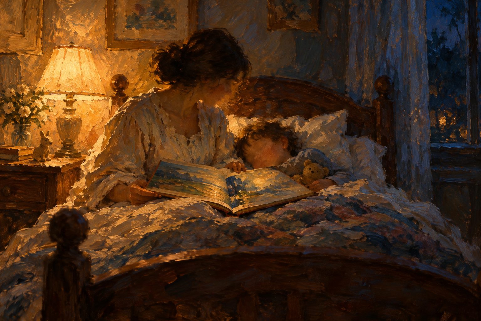 Pintura impresionista de un adulto leyendo un cuento a un nino antes de dormir, sobre ansioliticos naturales para ninos