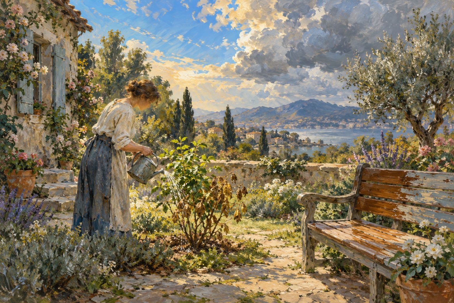 Pintura impresionista de alguien regando una planta con hojas nuevas y marchitas a la vez, sobre el apego desorganizado en adultos