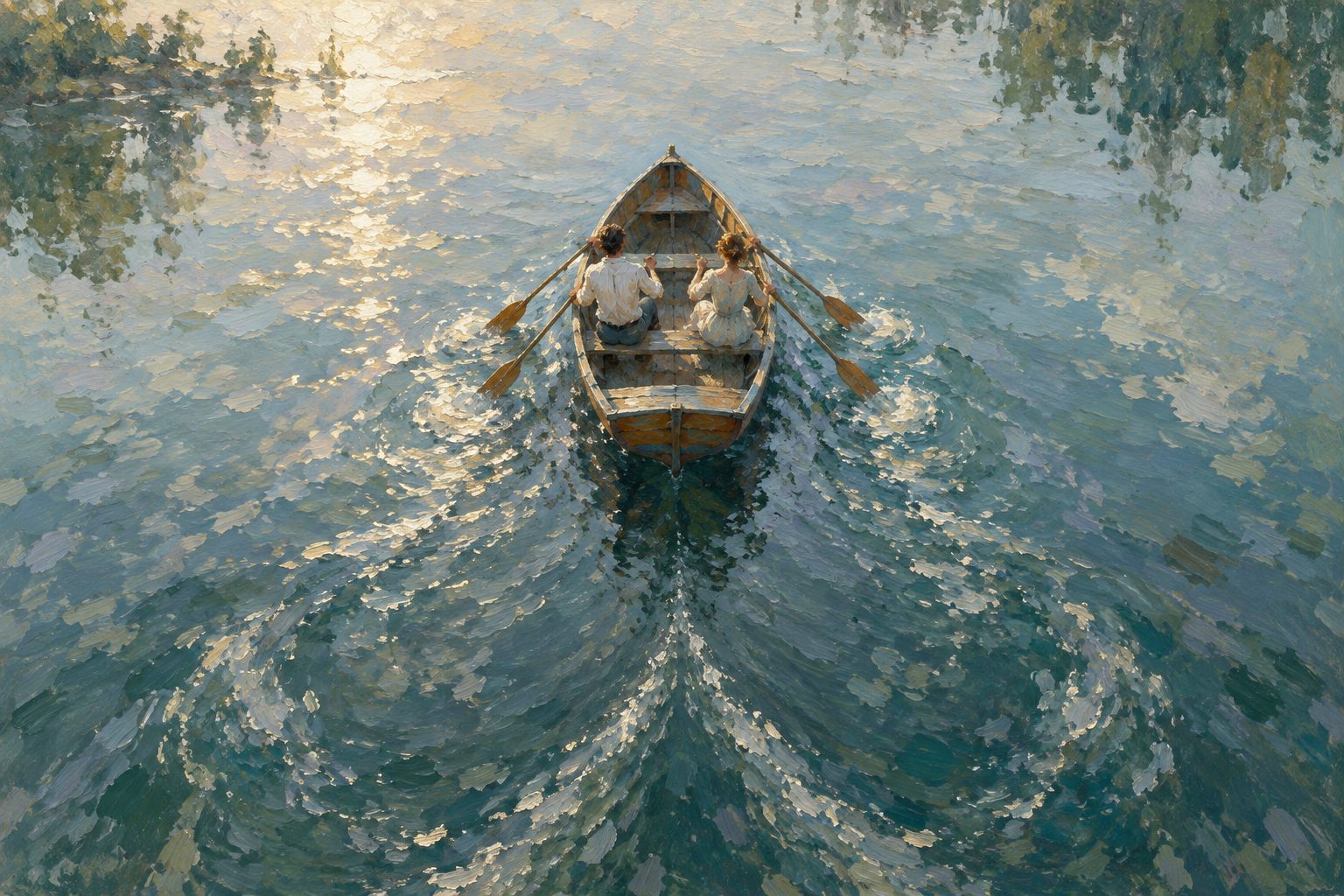 Pintura impresionista de dos personas remando acompasadas en un lago, sobre como superar el apego evitativo