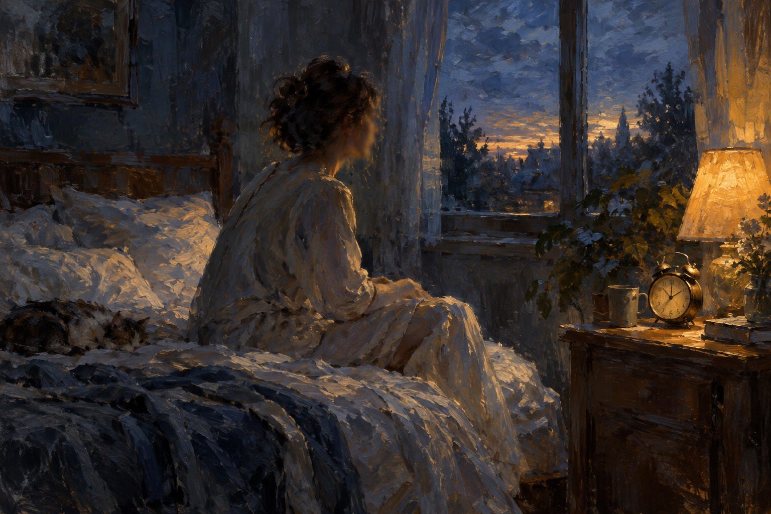 Pintura impresionista de una persona sentada al borde de la cama de madrugada junto a un reloj, sobre los ataques de panico nocturnos