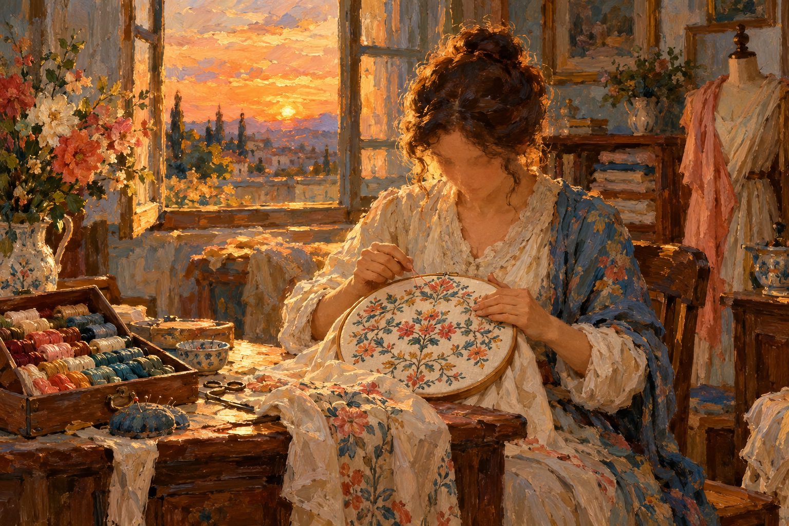 Pintura impresionista de una mujer bordando un patron simetrico con enorme concentracion, sobre el autismo en mujeres adultas