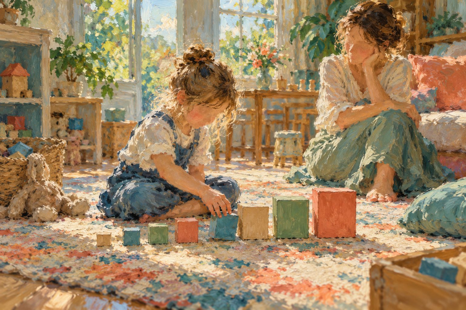 Pintura impresionista de un niño ordenando bloques, ilustrando autismo y TDAH juntos