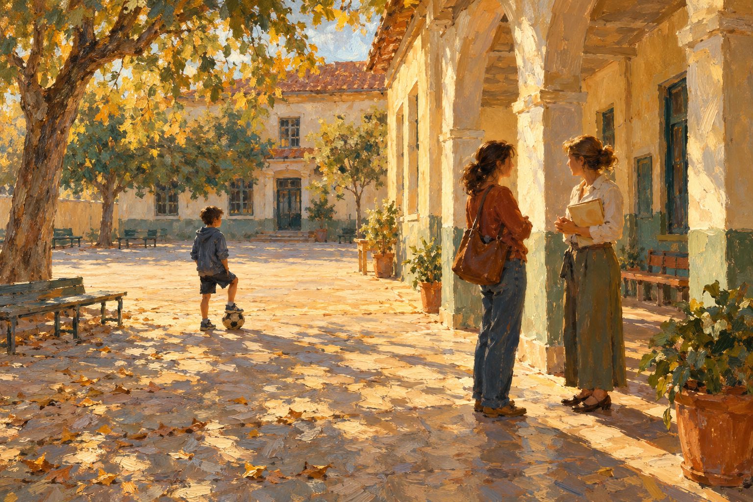 Pintura impresionista de una profesora y una madre conversando en el patio mientras un nino espera con su pelota, sobre el bajo rendimiento escolar