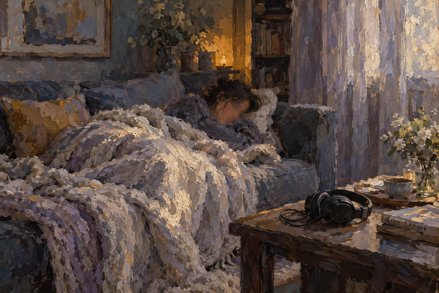 Pintura impresionista de un adulto descansando en penumbra, sobre el burnout autista en adultos