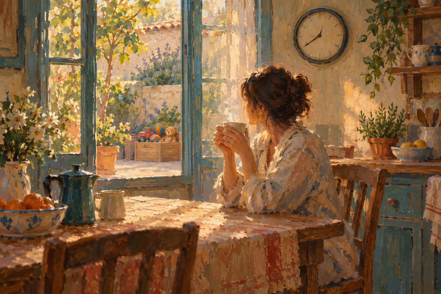 Pintura impresionista de un padre o madre tomando un cafe en calma antes de que despierte la casa, sobre el burnout parental