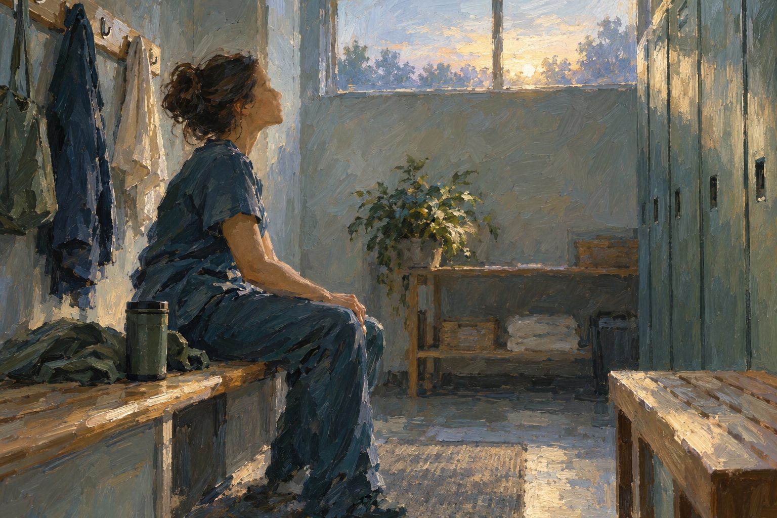 Pintura impresionista de un profesional de salud tomandose un respiro antes del turno, sobre el burnout en profesionales de la salud en Chile