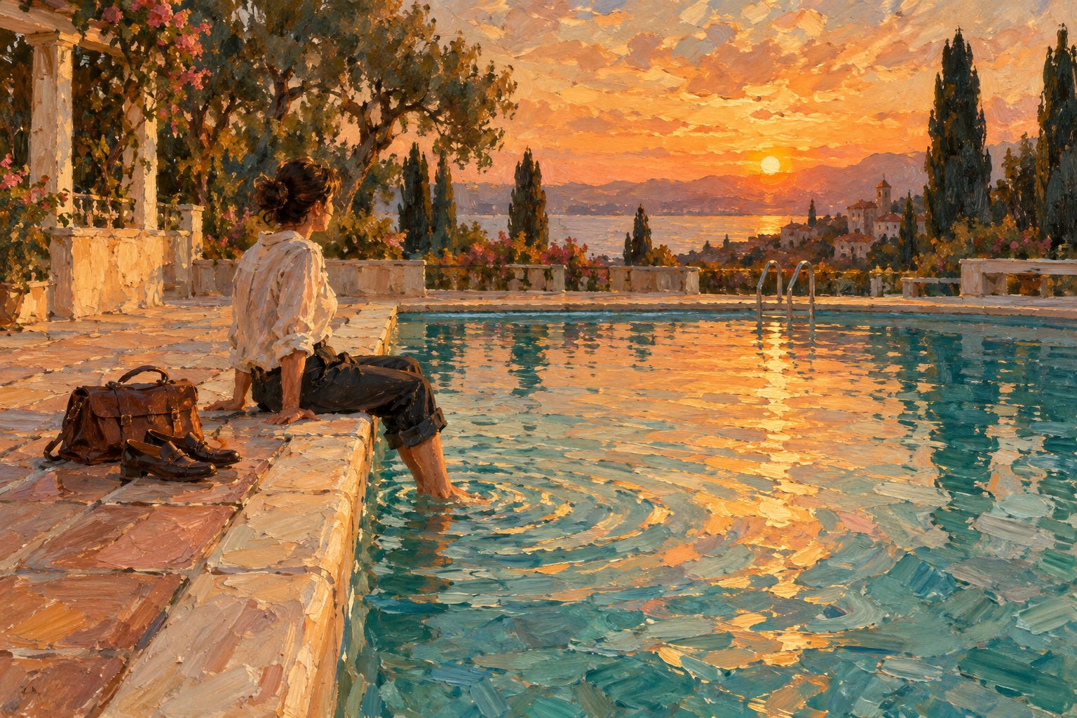 Pintura impresionista de alguien descansando con los pies en una piscina al atardecer, sobre el burnout