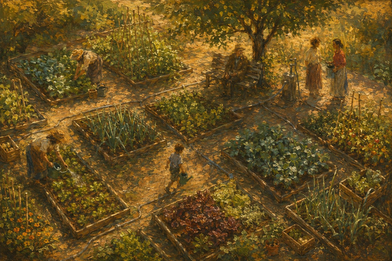 Pintura impresionista cenital de un huerto comunitario al atardecer, ilustracion sobre la calidad de vida