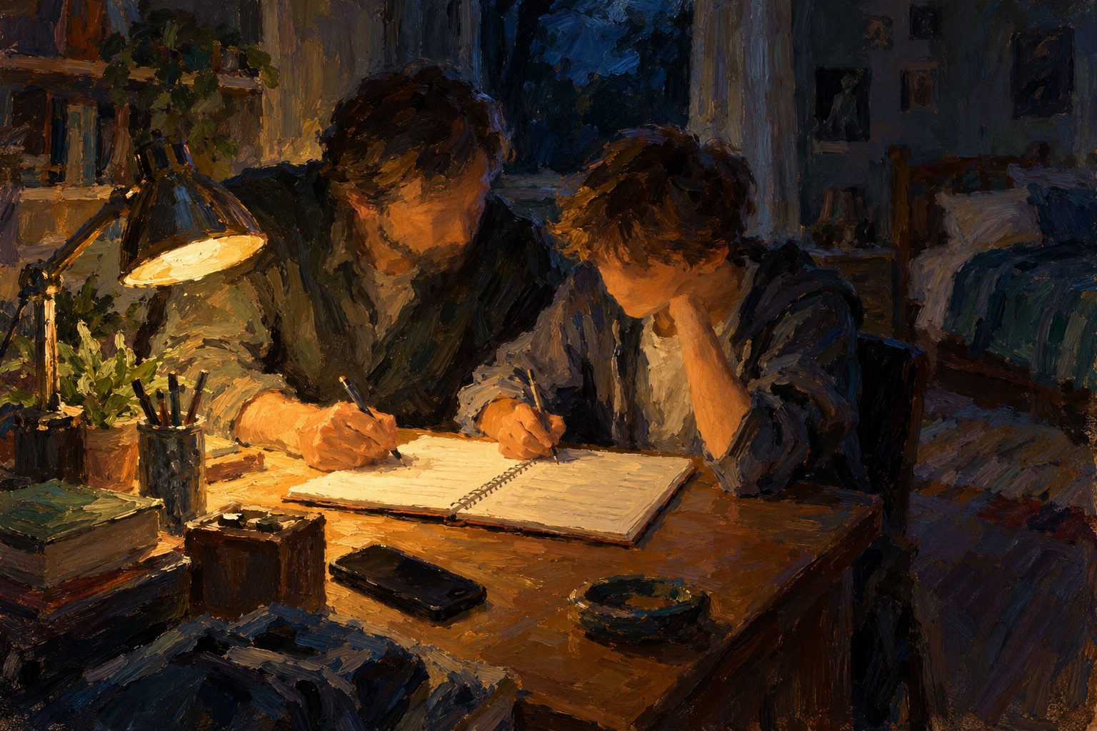 Pintura impresionista de un adulto y un adolescente anotando juntos una lista de pasos a seguir, sobre que hacer ante el ciberbullying