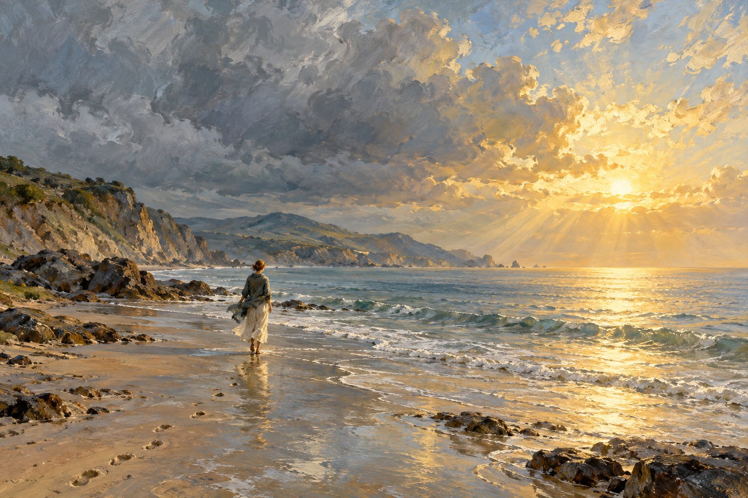 Pintura impresionista de alguien caminando por la orilla hacia el cielo que se despeja, sobre el ciclo de la violencia de Walker
