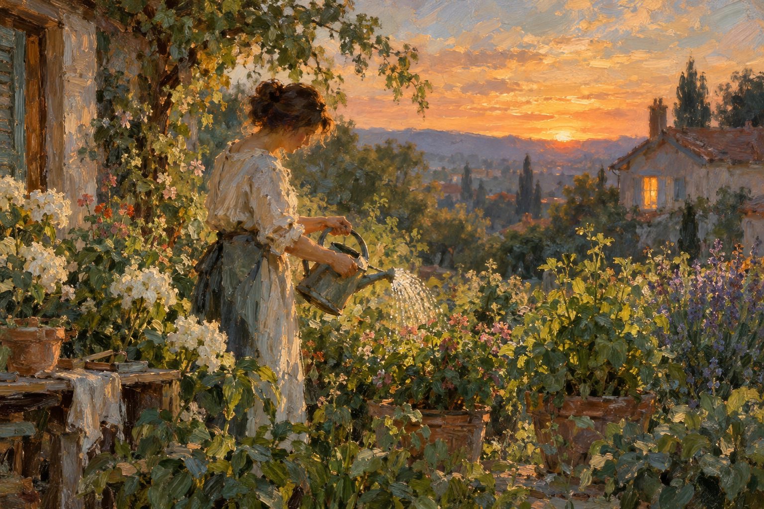 Pintura impresionista de una persona cuidando su propio jardín, sobre cómo ayudar a un familiar adicto sin descuidarse