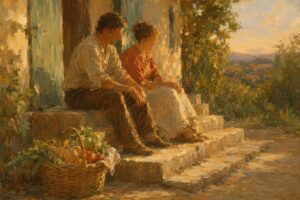 Pintura impresionista de dos personas sentadas juntas en un porche junto a una cesta con la compra, sobre como ayudar a alguien con depresion