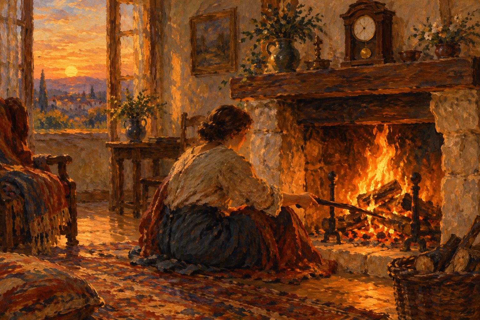 Pintura impresionista de alguien avivando con calma el fuego de una chimenea, sobre como controlar las emociones