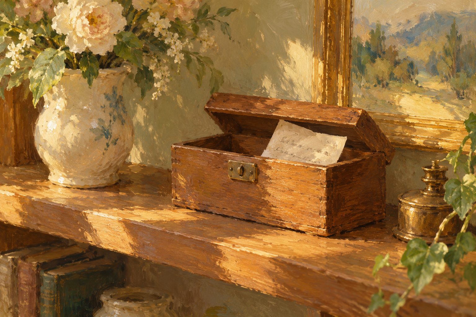Pintura impresionista de una nota doblada guardandose en una pequena caja de madera, sobre posponer la preocupacion