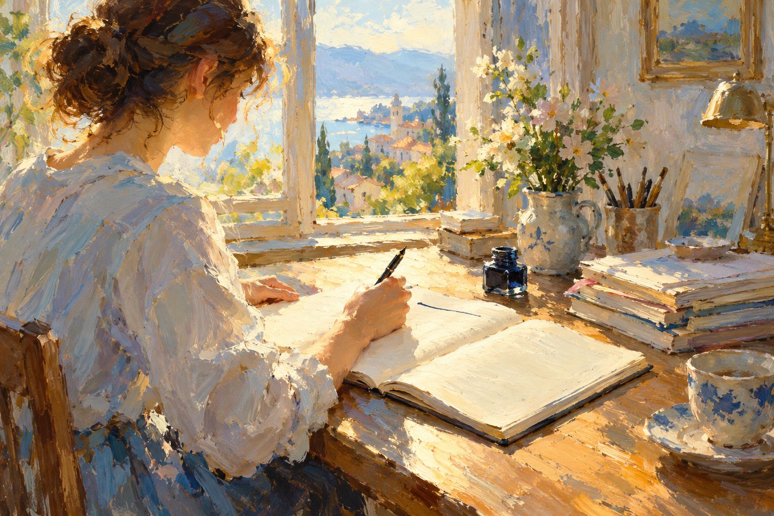 Pintura impresionista de un cuaderno recien abierto con la primera linea escrita, sobre como dejar de procrastinar