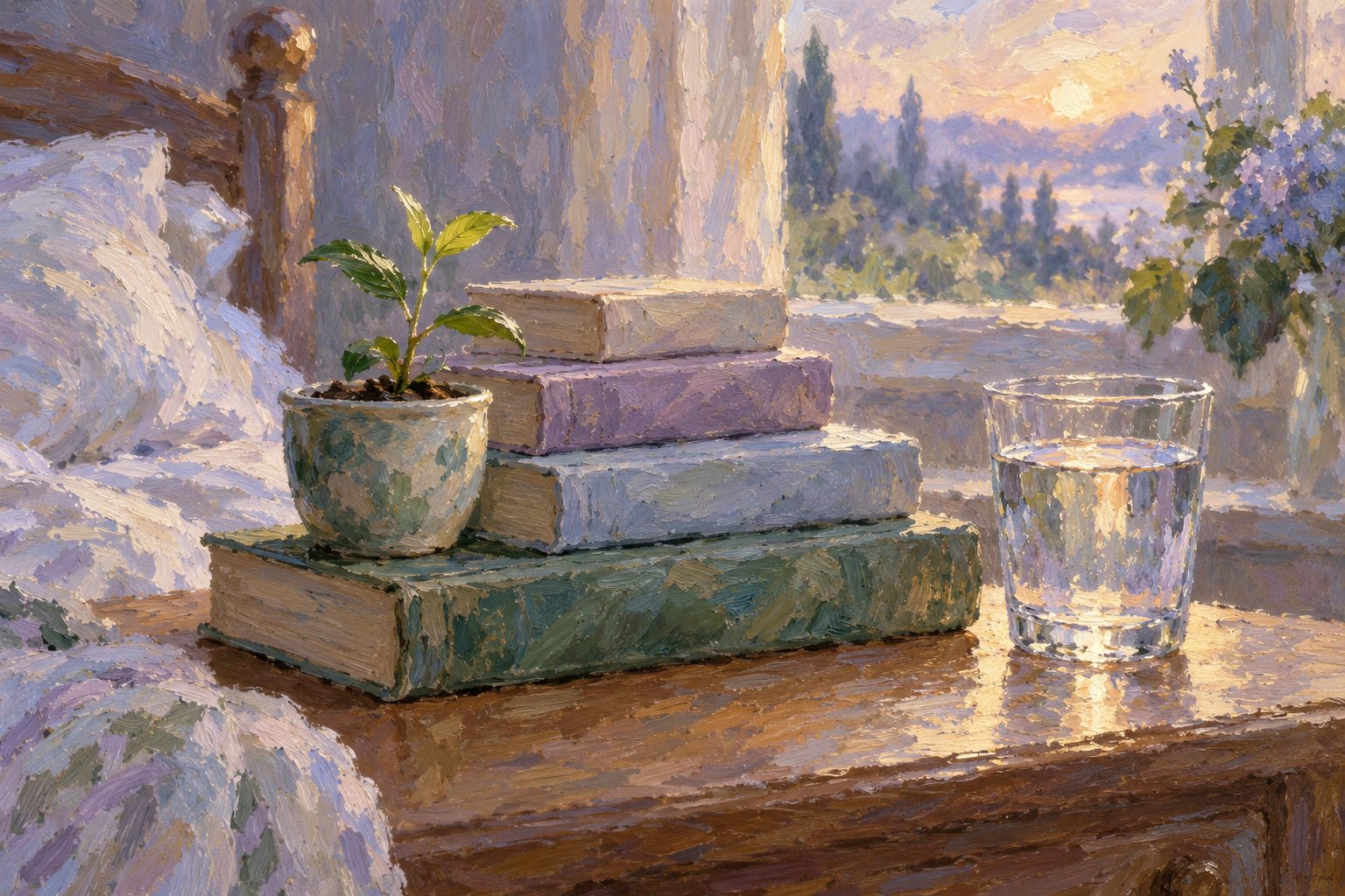 Pintura impresionista de una escalera de libros con una planta nueva, sobre dejar el clonazepam