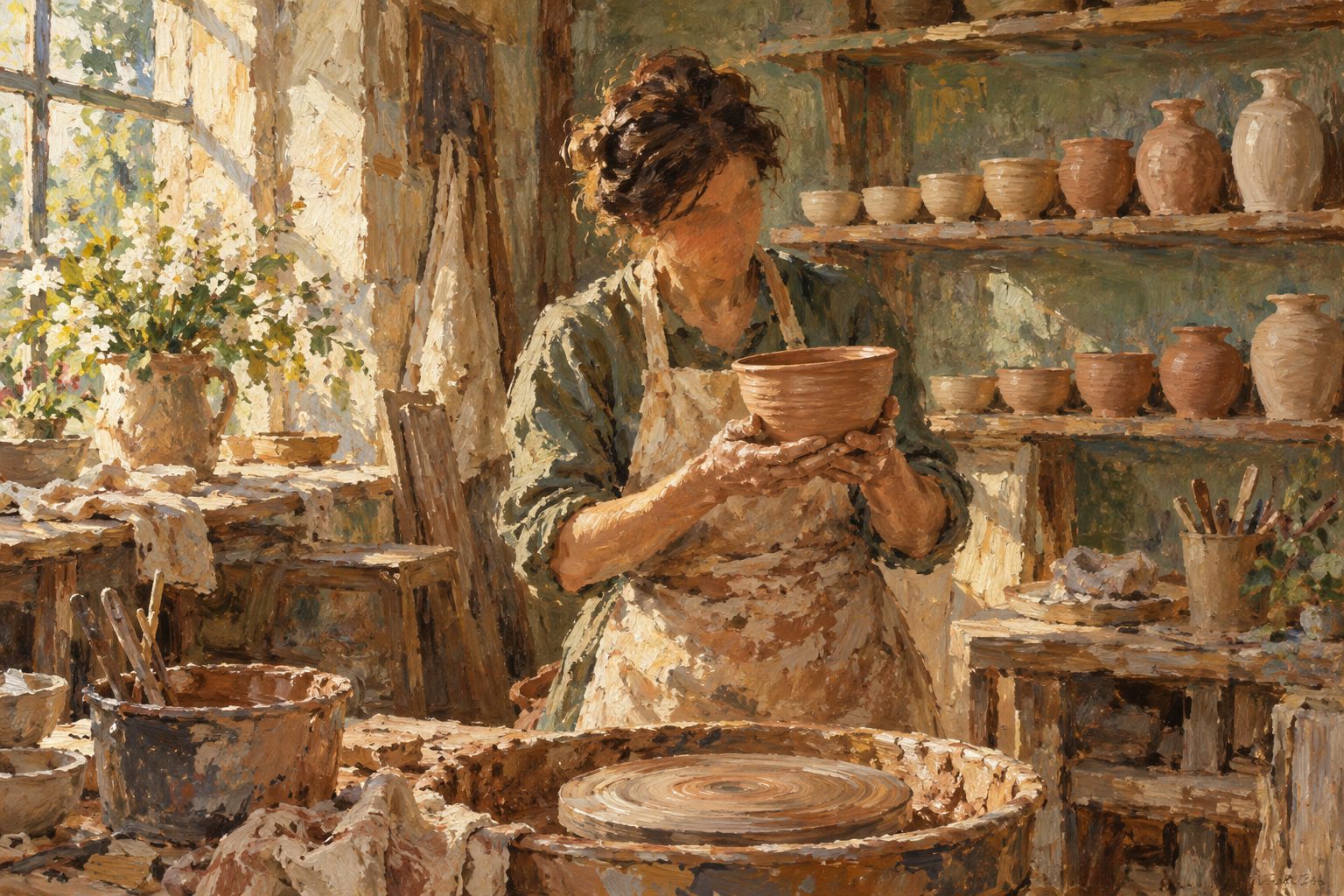 Pintura impresionista de un ceramista sosteniendo su pieza terminada, sobre como mejorar la autoestima