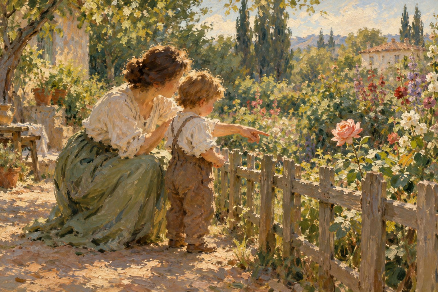 Pintura impresionista de una madre e hijo junto a una cerca de jardin, sobre poner limites a los ninos sin gritos