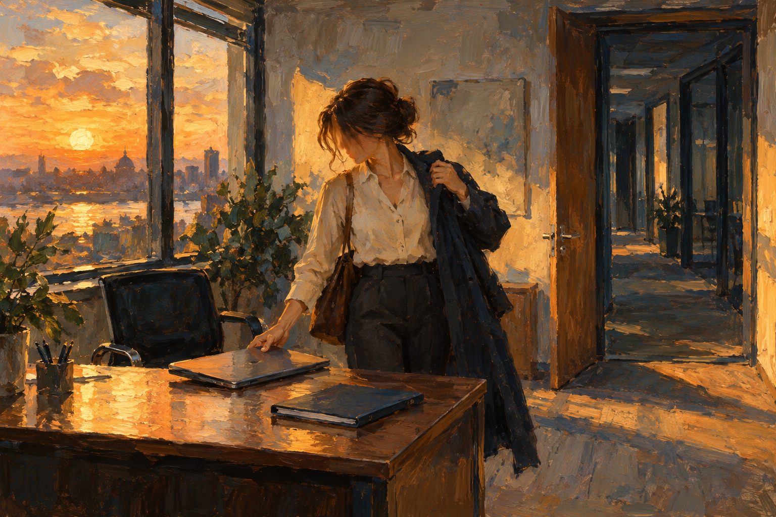 Pintura impresionista de alguien cerrando su computador y yendose a la hora justa, sobre poner limites en el trabajo
