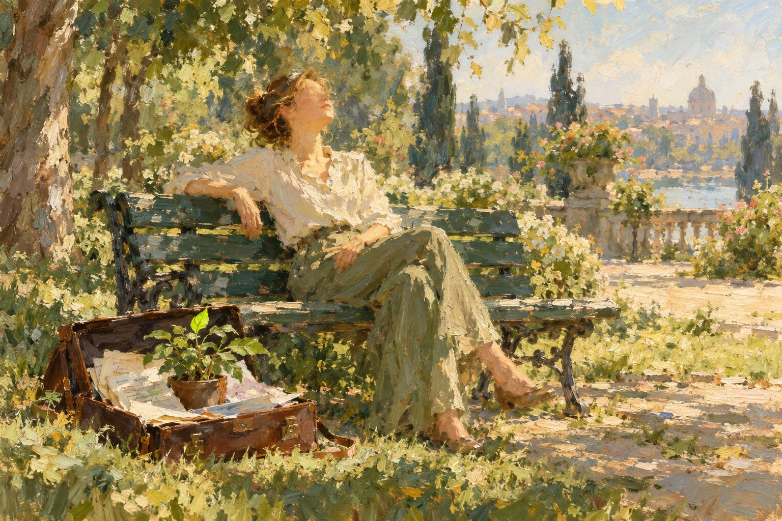 Pintura impresionista de una persona descansando al sol en un parque, sobre cómo recuperarse del burnout