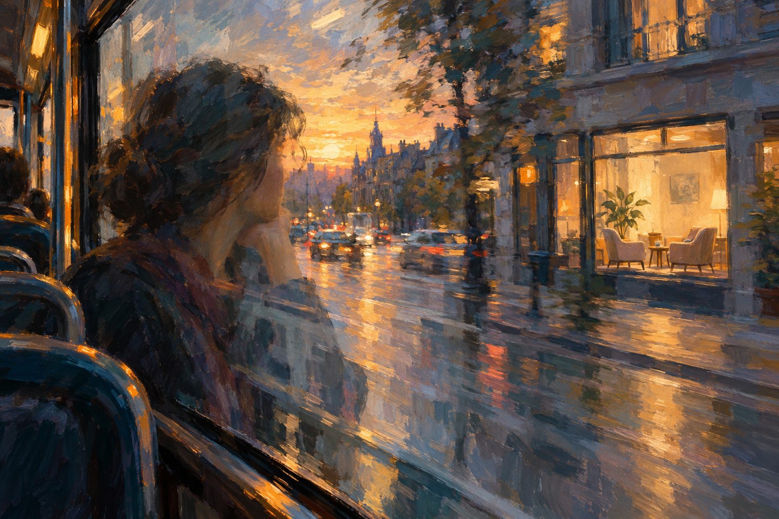 Pintura impresionista del reflejo de alguien en la ventanilla de un bus y una consulta iluminada al pasar, sobre cuando necesito un psicologo