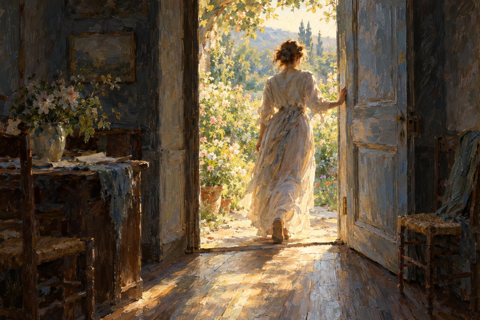 Pintura impresionista de una persona saliendo hacia un jardín luminoso, sobre cómo salir de una relación tóxica
