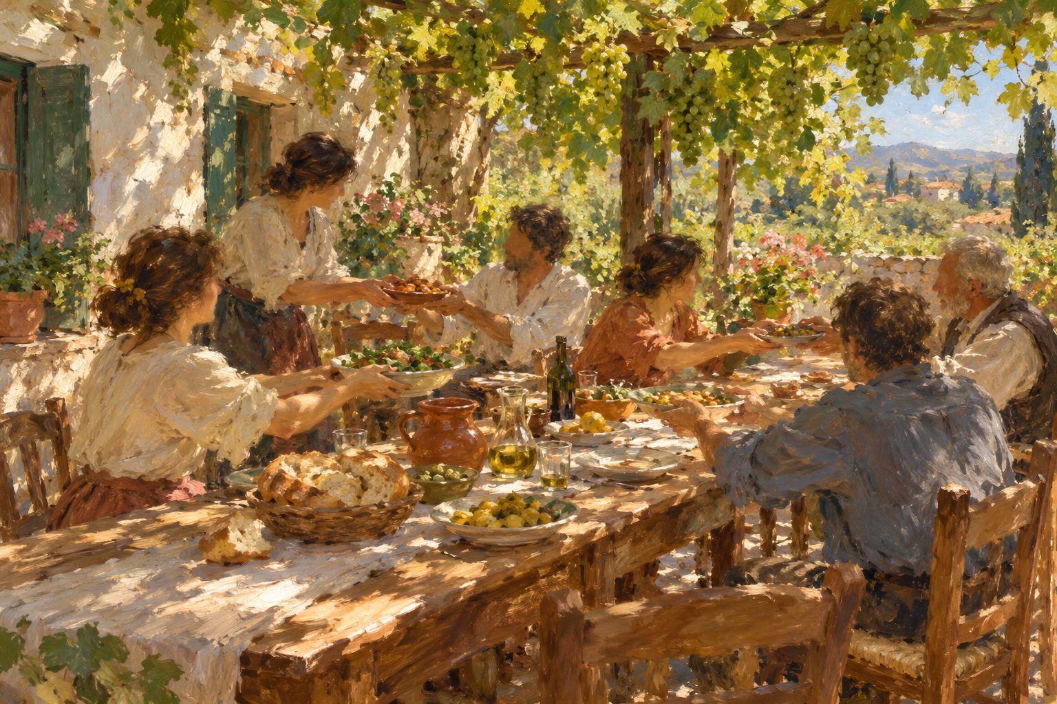Pintura impresionista de una comida compartida bajo un parron con los platos circulando, sobre como ser feliz segun la evidencia