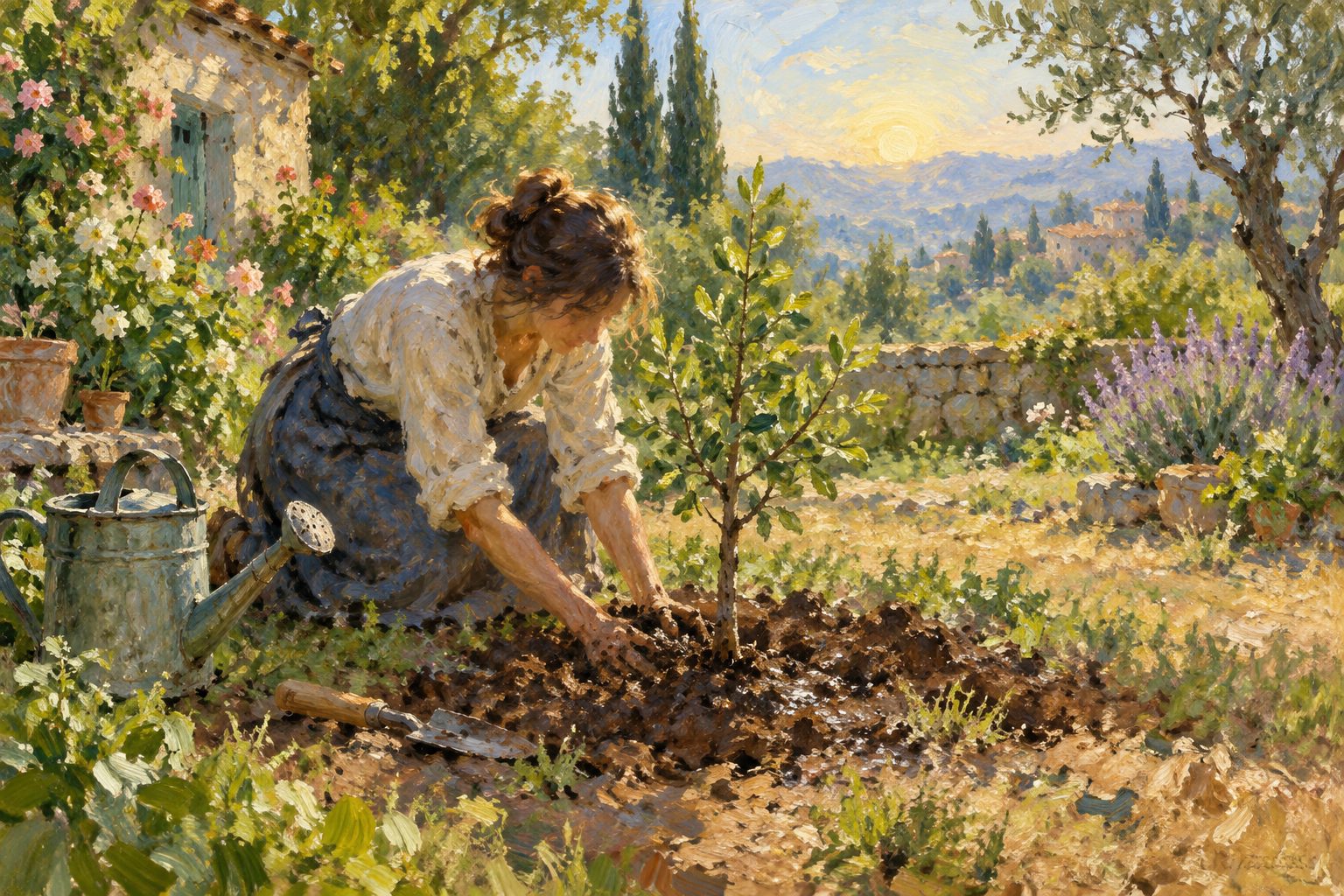 Pintura impresionista de una persona plantando un árbol joven en el jardín, sobre cómo superar un duelo