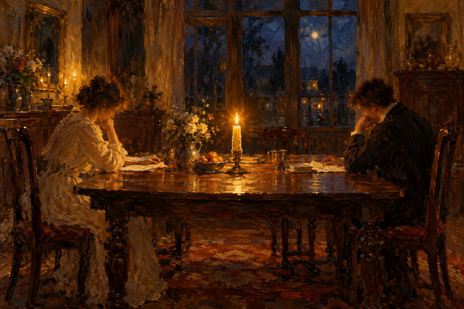 Pintura impresionista de dos personas en una mesa con una vela entre ambas, sobre cómo superar una infidelidad