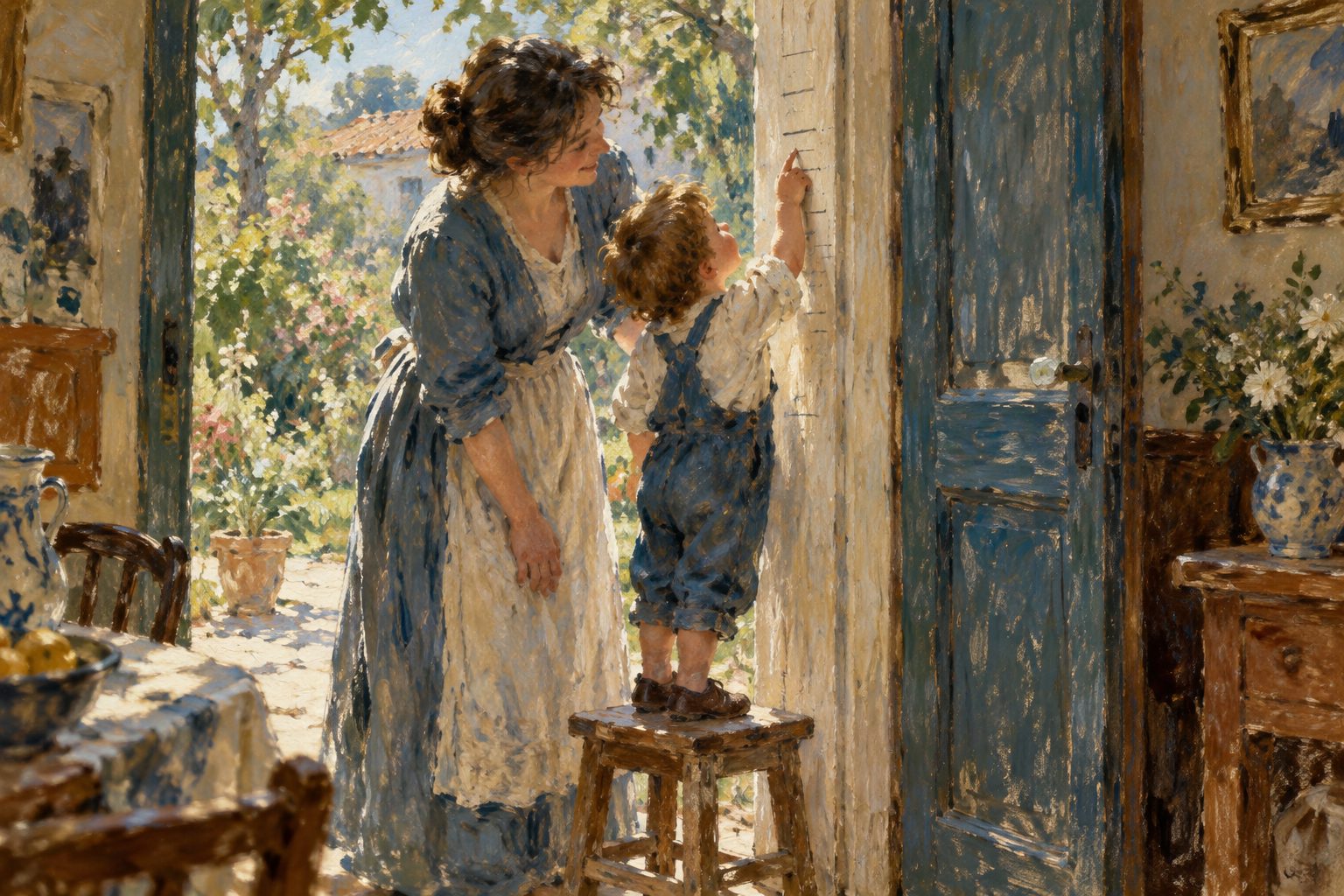 Pintura impresionista de un niño midiendo su altura en una puerta, sobre el control de esfínteres