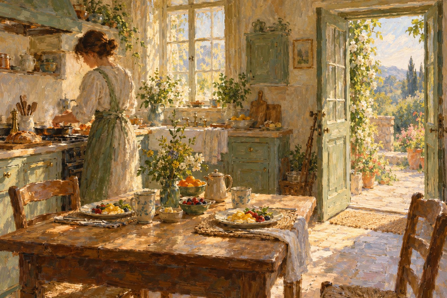 Pintura impresionista de una cocina con la puerta abierta, sobre el metodo CRAFT en familia