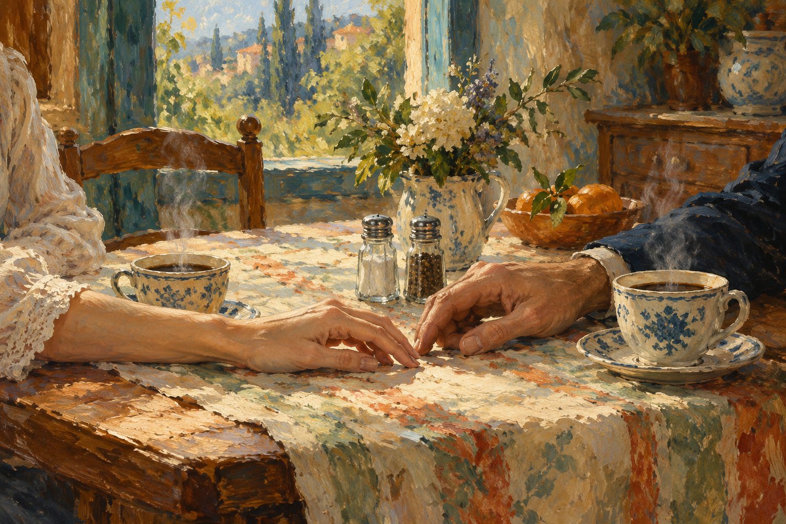 Pintura impresionista de dos manos acercandose sobre la mesa entre dos tazas de cafe, sobre los 4 jinetes de Gottman en la pareja