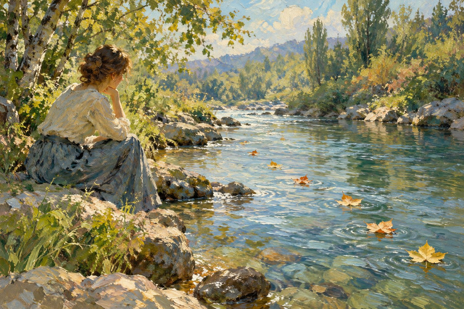 Pintura impresionista de una persona observando hojas flotar en un arroyo, sobre los ejercicios de defusion cognitiva de ACT