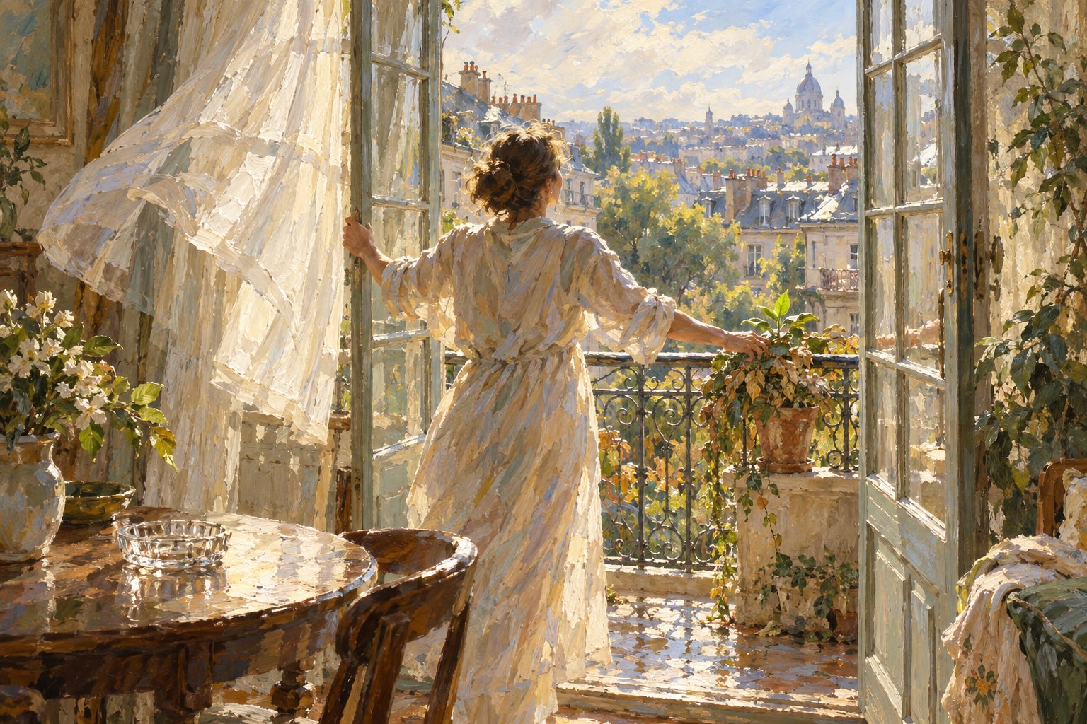 Pintura impresionista de alguien abriendo las ventanas al aire fresco de la manana con una planta reverdeciendo, sobre dejar de fumar marihuana