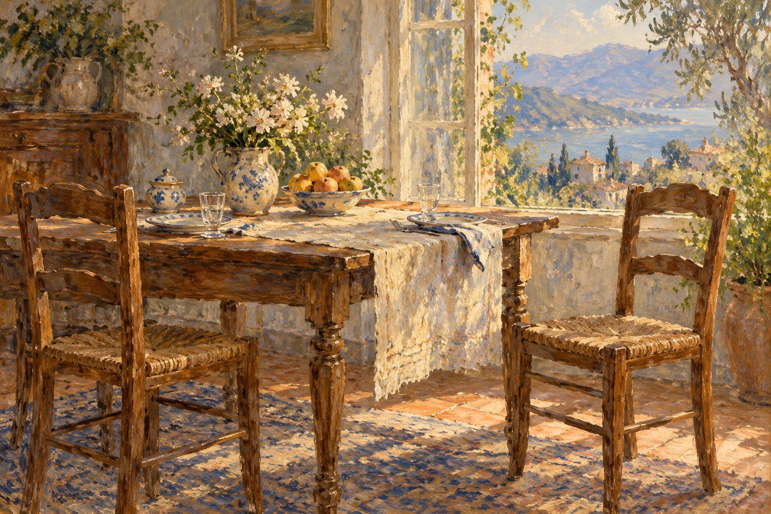 Pintura impresionista de dos sillas de madera con espacio propio junto a una mesa, sobre superar la dependencia emocional