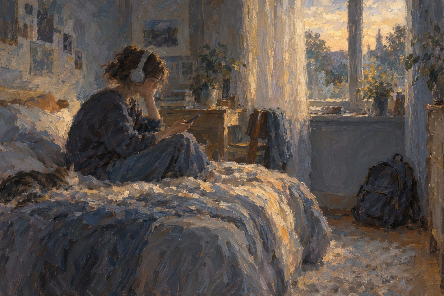 Pintura impresionista de un adolescente con audifonos junto a su mochila cerrada, sobre las senales de depresion en adolescentes
