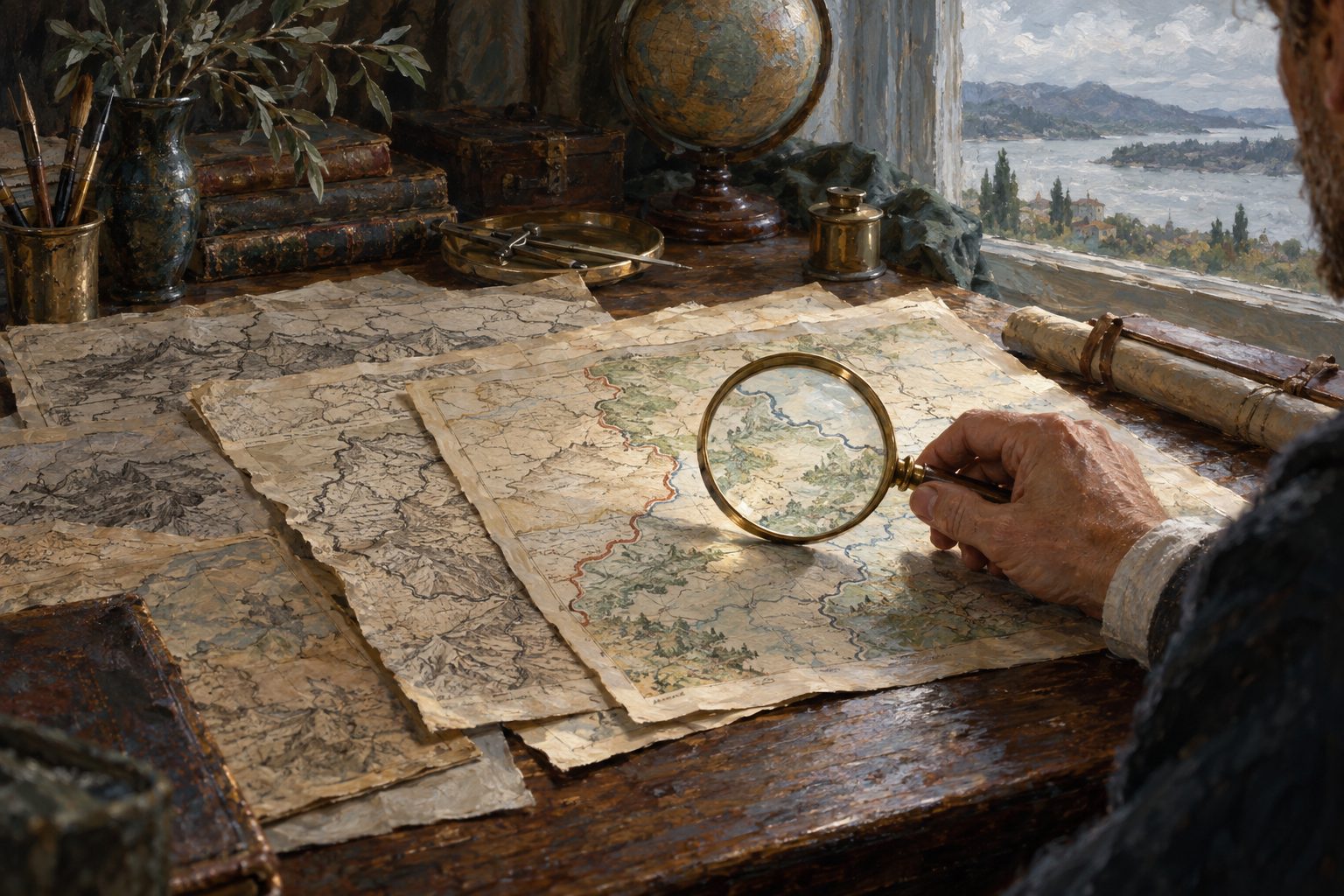 Pintura impresionista de una mano comparando con lupa mapas antiguos y nuevos de una misma frontera, sobre la depresion endogena y por que ya no se diagnostica asi