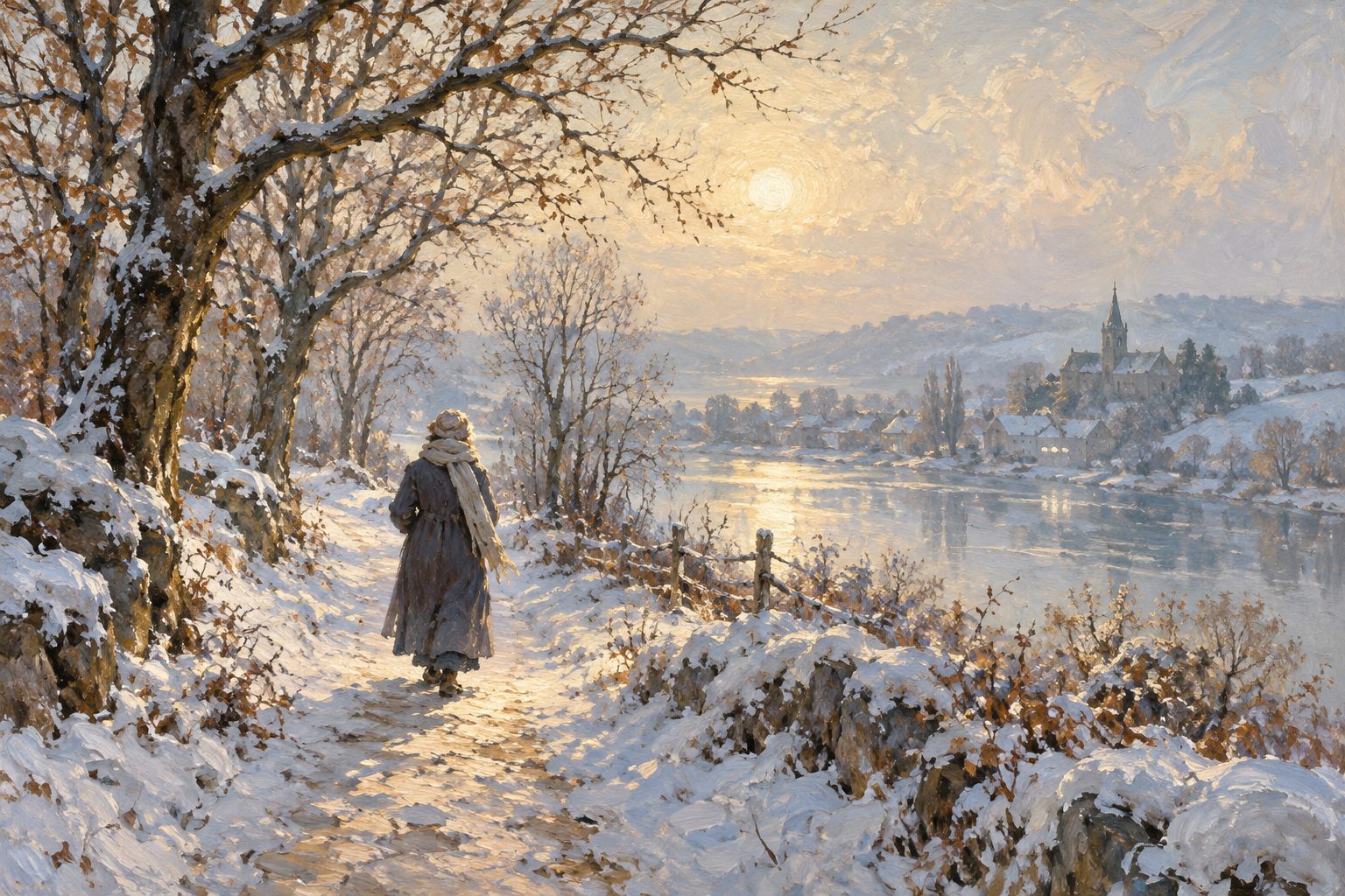 Pintura impresionista de una persona caminando por un sendero invernal iluminado por un sol palido, sobre la depresión estacional
