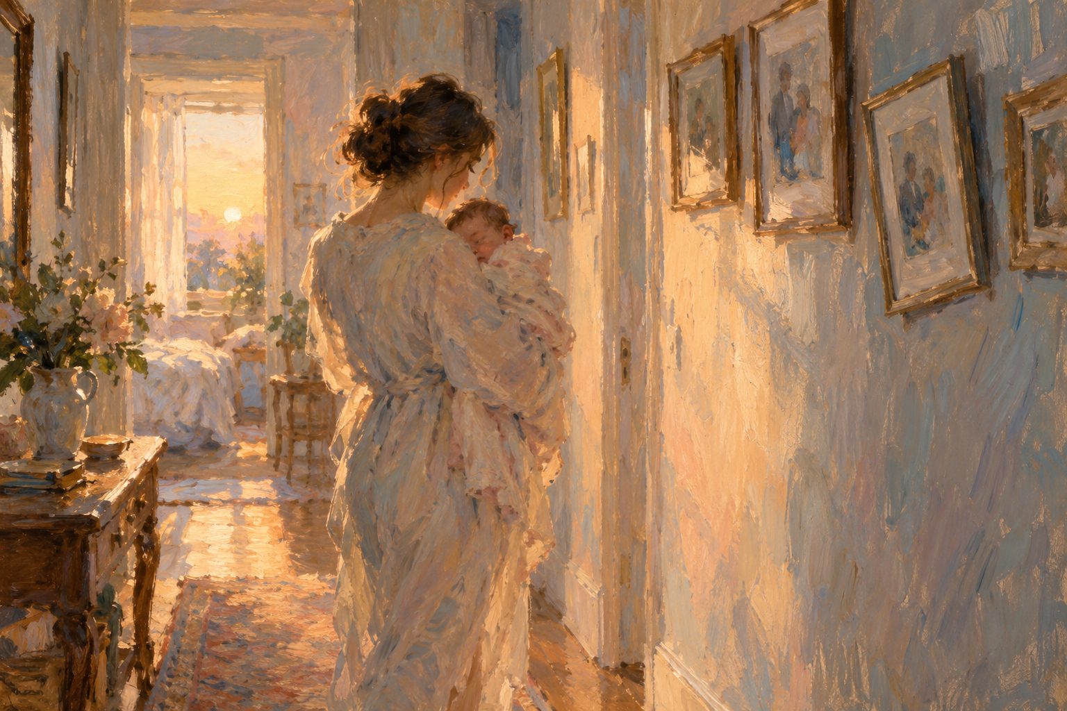 Pintura impresionista de una madre meciendo a su bebe al amanecer, sobre la depresion posparto