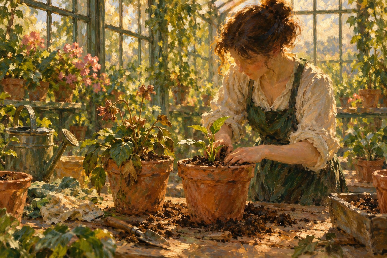 Pintura impresionista de un invernadero, alguien planta un brote nuevo junto a una maceta anterior, sobre la depresión resistente al tratamiento