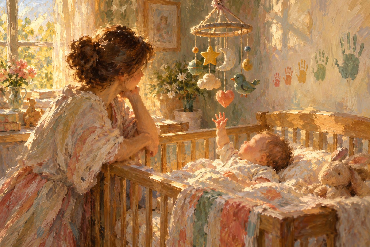Pintura impresionista de un bebé bajo un móvil de cuna, sobre el desarrollo del bebé mes a mes
