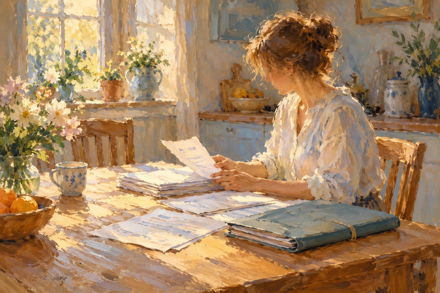Pintura impresionista de una persona revisando documentos con una carpeta cerrada al lado, sobre el despido por acoso laboral