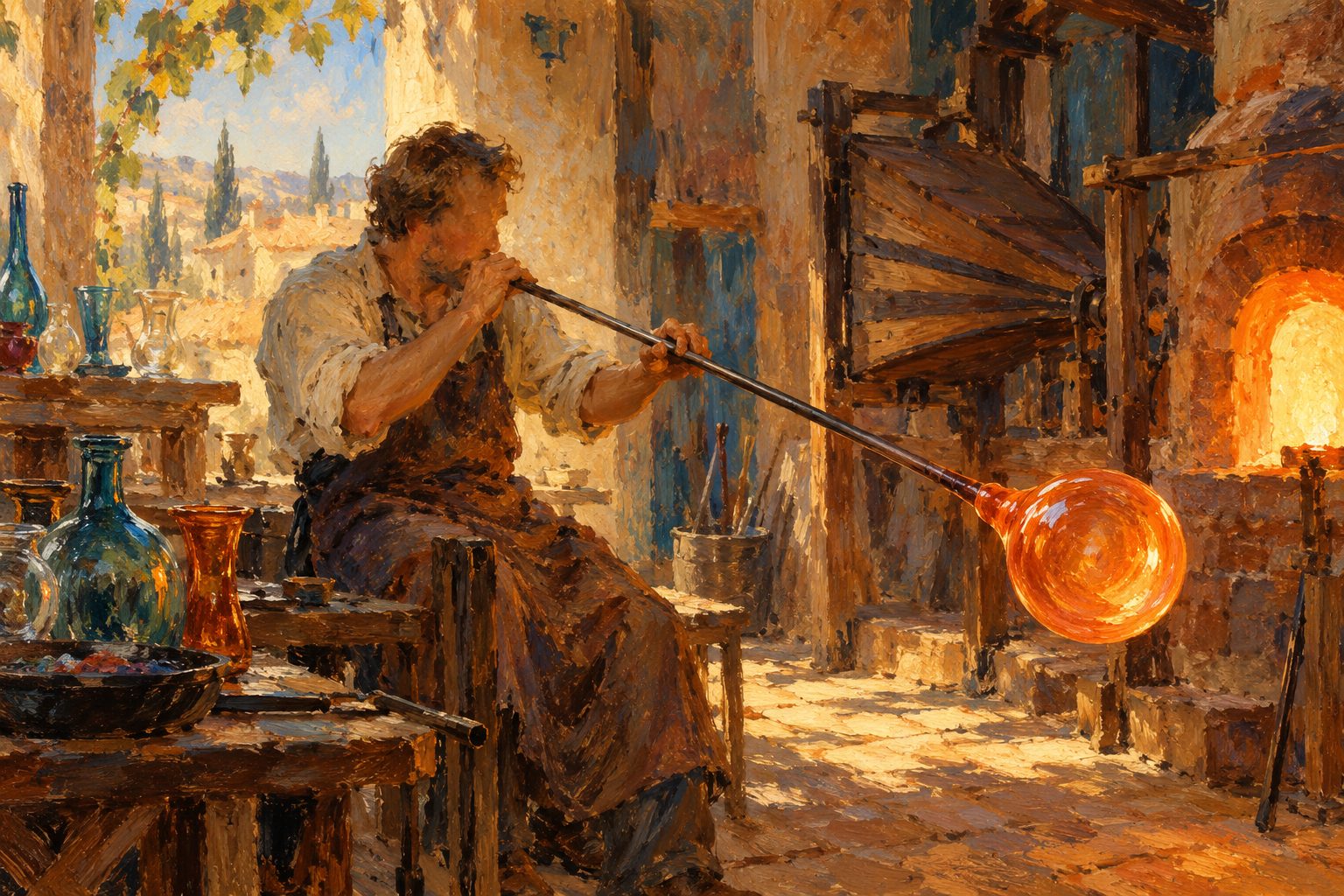 Pintura impresionista de un vidriero soplando con calma una burbuja de vidrio pareja, sobre el diafragma bloqueado por ansiedad