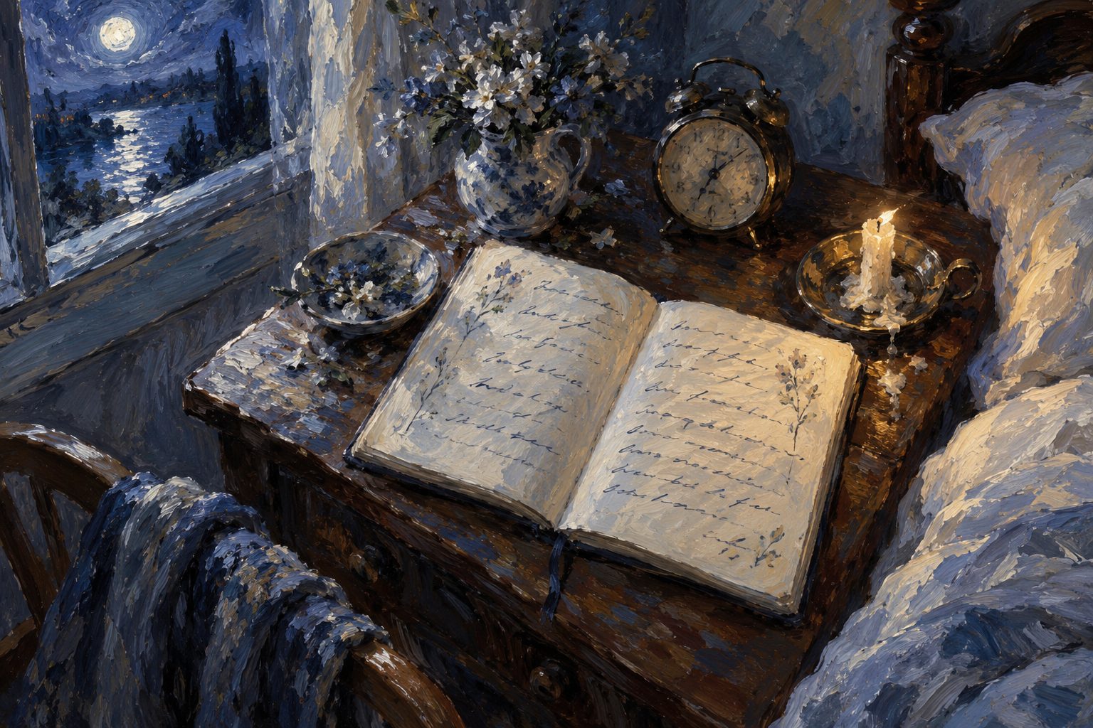 Pintura impresionista de una libreta junto a un despertador bajo luz de luna, sobre el diario de sueno